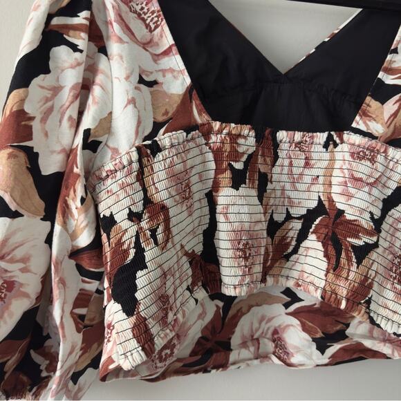 Express Floral Puff Sleeve Ruched pleated Crop top V-neck linen blend stretch XL - Picture 7 of 11